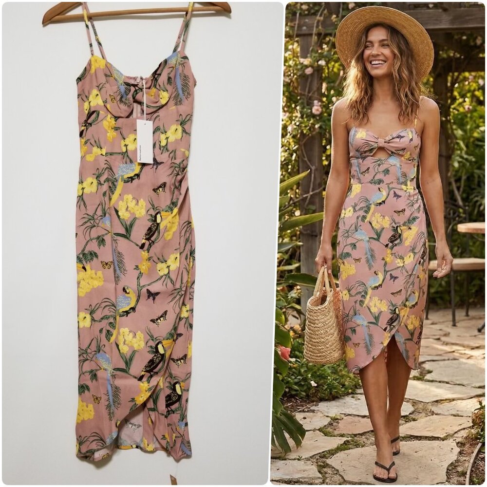 🌸‎ NWT Reformation Aero Cutout Wrap Midi Dress Conga Print🦜Size 0, 2, 4 $218
